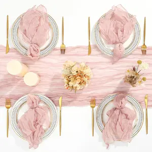 1 grey-pink cheesecloth table flag and 6 grey-pink napkin set for anniversaries, families, parties, weddings, bridal showers, restaurants, rustic bohemian table decor, Party Decor, Gauze Table Runner, Decoration