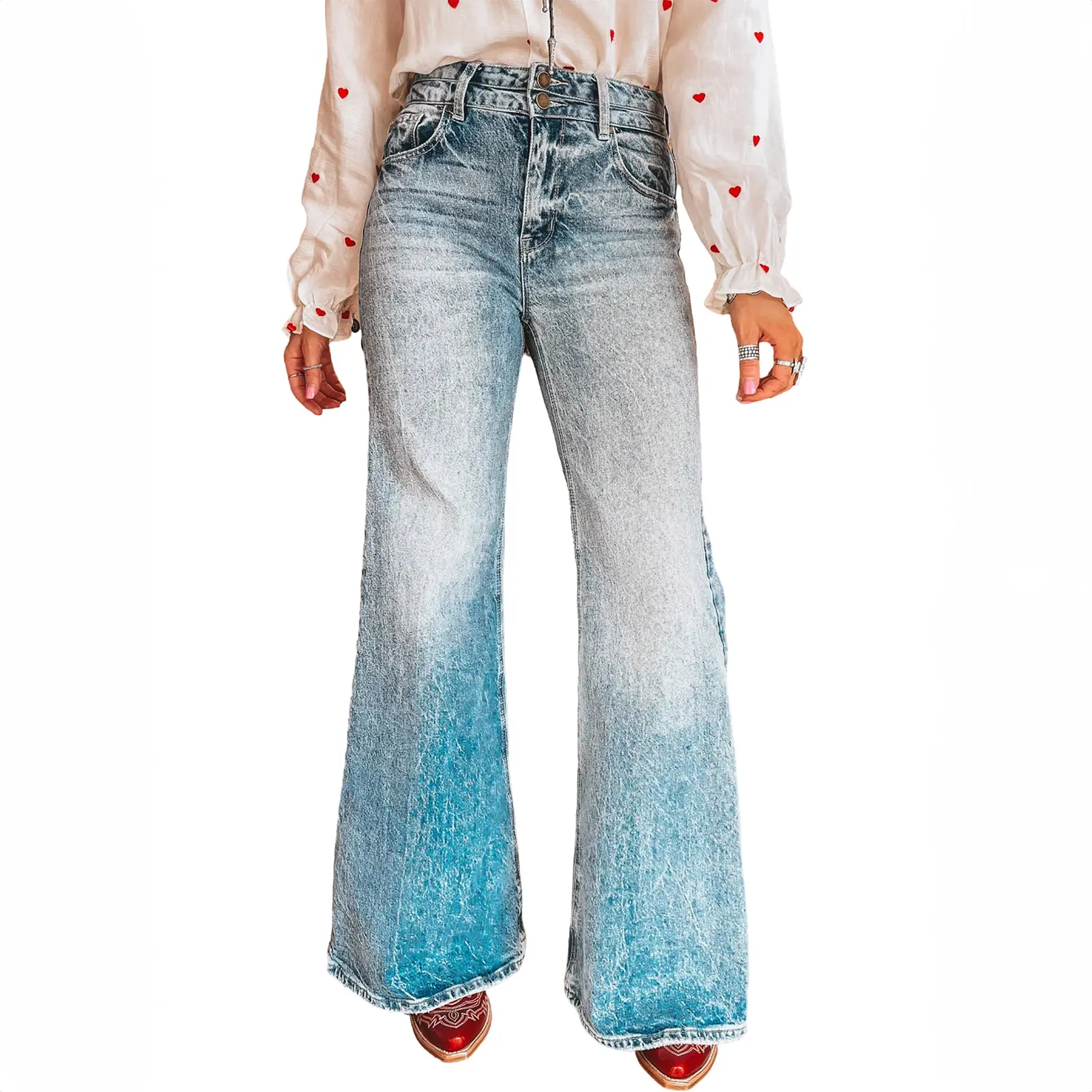 Asvivid Women High Waisted Acid Wash Flare Jeans,Double Button Vintage Denim Pants With Pockets sohochic