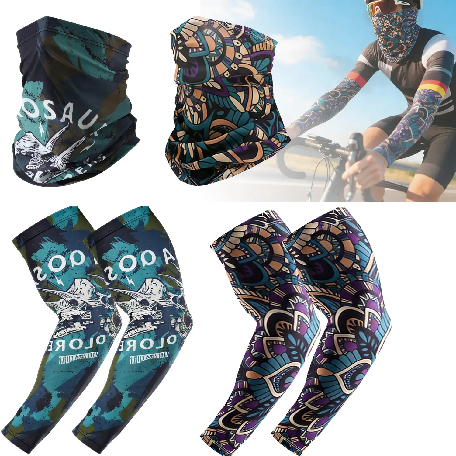 Cooling Ice Silk Cooling Arm Sleeves&Face Mask Set, Sun UV Protection, Breathable Windproof Outdoor Sun Sleeves for Men Women Youth, Tattoo Cover Up