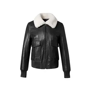 Radiance Black Leather Bomber Jacket - 100% Real Leather with Shirt Fur Collar