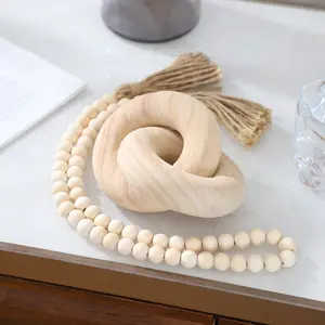 2pcs Round Coffee Table Wood Knot Decor and Wood Bead Garland Set, Shelf Decor, Wooden Chain Link Decor, Boho Home Decorations, 92 cm Wood Bead Garland with Tassels for Living Room, Farmhouse Dining Table Decor, Home Decor Accessory