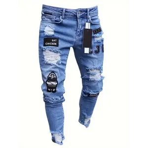 [Stretch Skinny Ripped Jeans] Stretch Skinny Ripped Jeans - Men Casual Slim Fit Pants - Distressed Destroyed Zipper Holes Embroidery Trousers