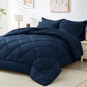 Navy Blue 5-Piece Twin XL Dorm Bedding Set - All Seasons Down Alternative with Comforter, Flat Sheet, Fitted Sheet, Pillowcase, Pillow Sham, Durable Baffle Box Construction, Travel Bag Included