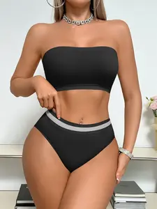Women's Seamless Underwear Lingerie Set, Colorblock Design, Strapless Bra, No Buckle, Fashionable Simple Daily Wear, Everyday Clothing