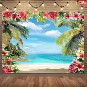 2D Flat Vibrant Tropical Palm and Hibiscus Flower Beach Backdrop, Polyester Ocean View Photography Background with Sandy Shore and Turquoise Waters - Ideal for Hawaiian Party Theme Decorations, Suitable for Indoor an