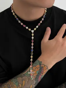 Luxury Shiny Colorful Diamond Flower Y-Shaped Necklace, Trendy Street Party Festival Jewelry, Unique Personalized Accessories