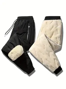 Men's Solid Color Thermal Lined Pants, Casual Comfy Warm Pants for Winter, Men's Trousers for Daily Wear, Socks