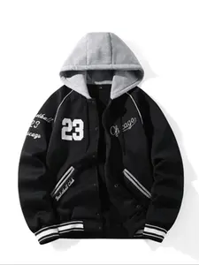 Men's Hooded Embroidered Knit Jacket, Casual Sporty Outdoor Coat, Fashionable Baseball Style, Perfect for Daily Wear