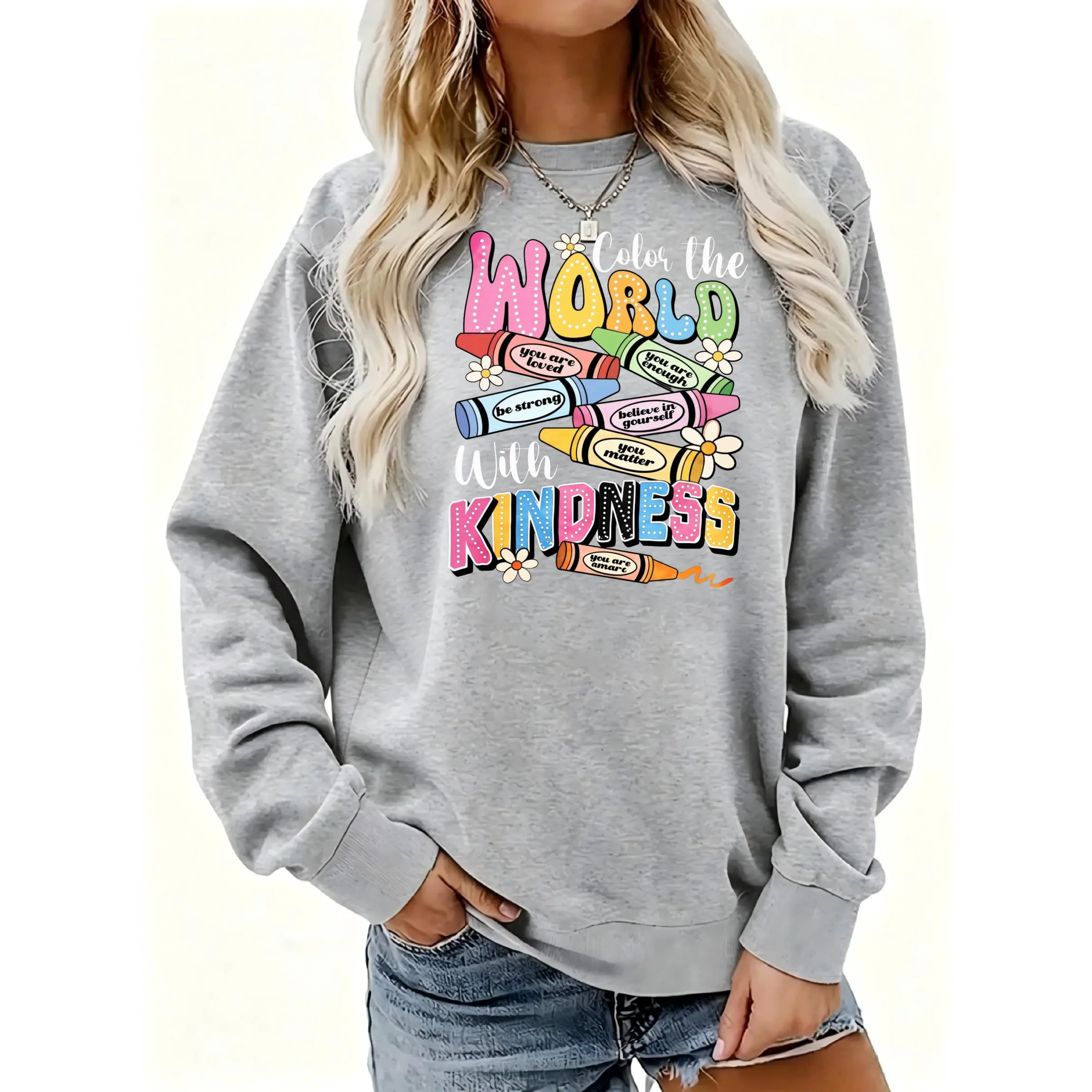 Women's Color The World With Kindness Crewneck Sweatshirt | Soft Stretchy Long Sleeve Pullover | Cozy Fall Layering Essential For Casual Daily, Office & Streetwear Looks