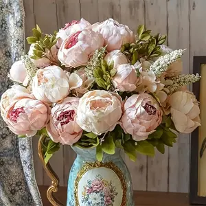 1 bouquet of retro simulation peony, decorative flowers for living room and home dining table, and artificial flowers for wedding decoration, Lifelike Artificial Flower