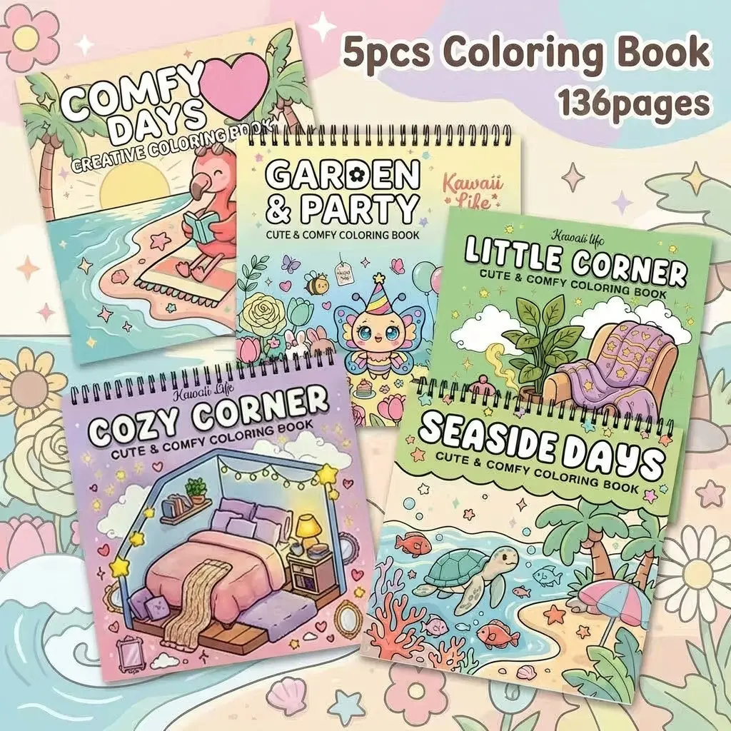 Kawaii Coloring, Drawing Book - 5pcs Garden, Seaside days, Cozy Corner Themes - Sensitive Opaque Paper - Stress Relief, Relaxation, Fun for Teens, Adults & Seniors - Gift for Birthdays, Holidays - Works with Water-based Markers & Colored Pencils