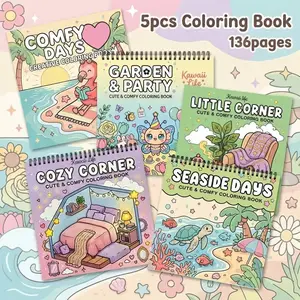 Kawaii Coloring Book - 5pcs Garden, Seaside days, Cozy Corner & Comfy Days Themes - Exquisite Illustrations with Clear Lines, Super-Sensitive Opaque Paper - Stress Relief, Relaxation, Fun for Teens, Adults & Seniors - Perfect Gift for Birthdays, Holidays
