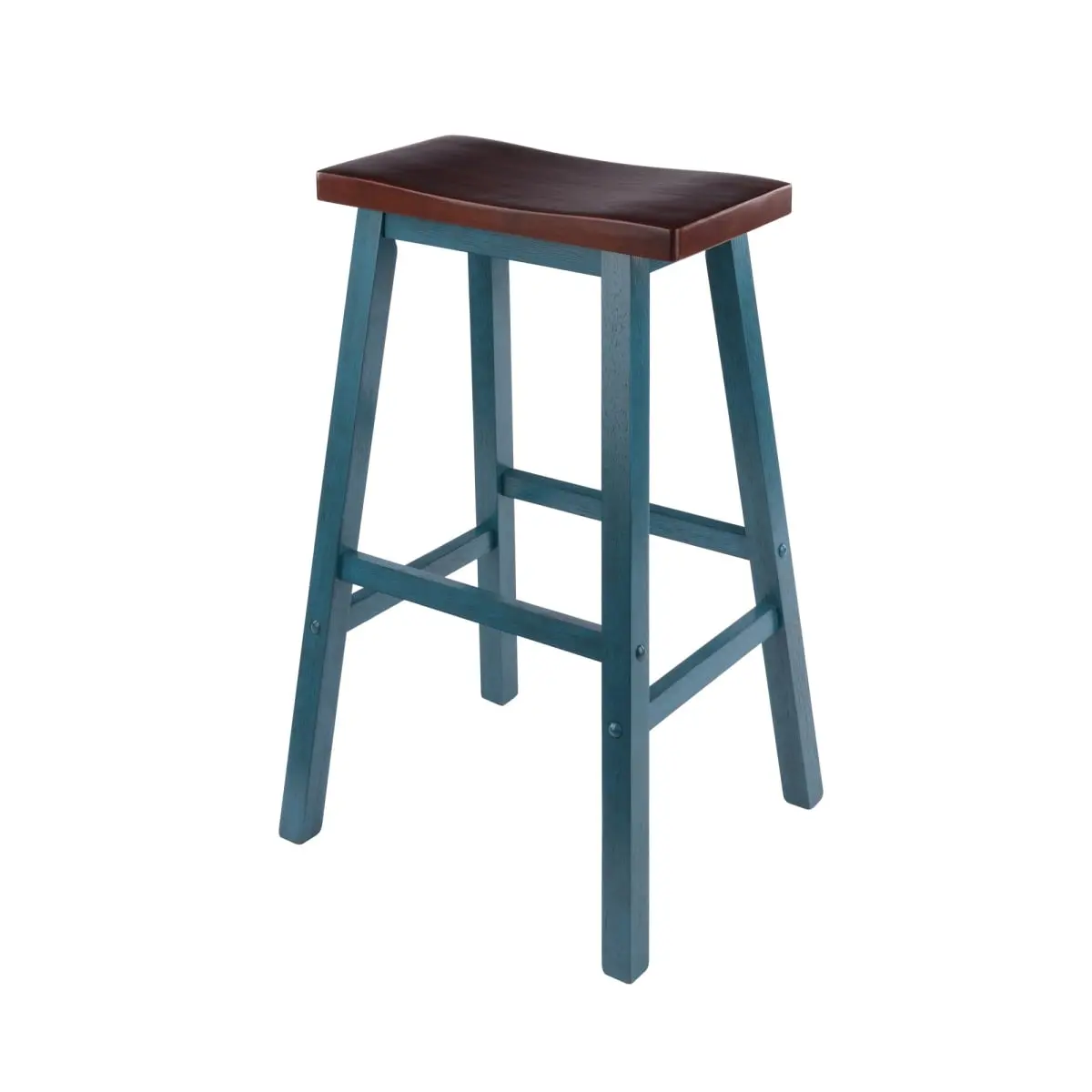 Winsome 62089 Satori Saddle Bar Stool - 29" Tall Solid Wood Footrest Chair, Rustic Teal & Walnut Finishes, Rectangle Design, Single Person Seating for Modern Farmhouse Coffee Bar, Happy Hour at Home Indoor Furniture