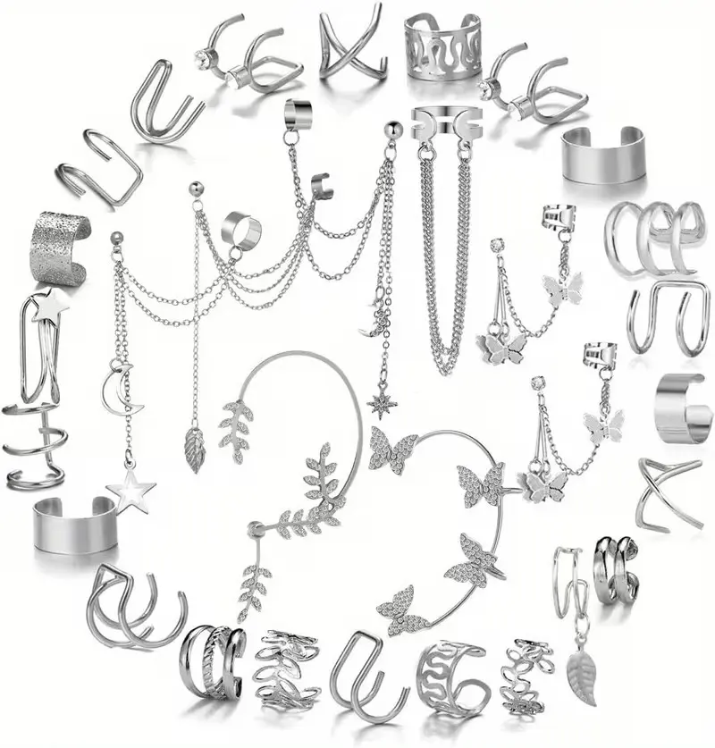 31pcs Stylish Non-Piercing Ear Cuffs Suitable for Both Men And Women, Featuring Silvery Butterfly Ear Clips. These Ear Cuffs Are Designed to Wrap Around The Helix And Cartilage, Making Them Perfect for Various Occasions Such As Birthdays, Parties summerwi