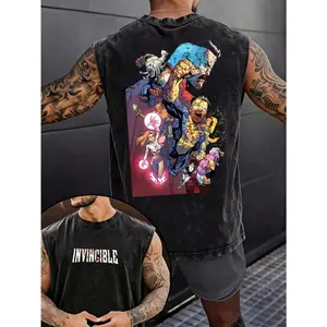 Men Black Washed Streetwear Brand Street 100 Percent Cotton Sleeveless Tank Top Invincible Comic Characters And Text Graphic Print Casual Outfit For Everyday Wear | Vintage Heavyweight | Perfect Gift | Loose Comfortable Breathable |