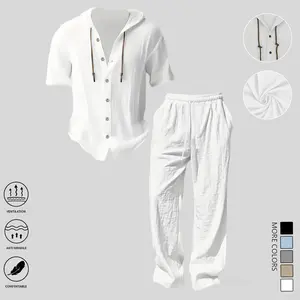 Men's lightweight two-piece set, including a hat. The design is casual and suitable for vacation wear. Made of loose and breathable thin linen fabric. Comes with a caped T-shirt and wide-leg pants. Suitable for summer wear. Suitable as a gift for him.