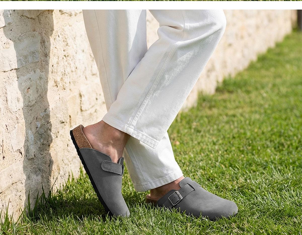 FITORY Breathe I | Men’s Suede Leather Clogs, Cork Footbed, Adjustable Strap, Round-Toe (US 7–14)【Check Measurements Carefully】