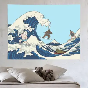 Funny Bigfoot Surfing The Great Wave Wall Flag Tapestry, 3*5 FT with Hooks Included, Japanese Parody Art Wall Decor for Living Room Bedroom Office Bar
