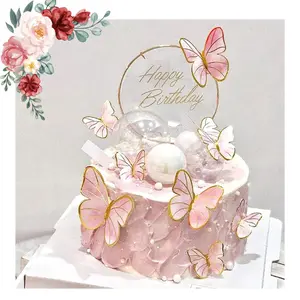 11PCS Pink Butterfly Cake Toppers – Gold Happy Birthday Cupcake Toppers for Girls & Women, Party Decorations for Birthday Cakes Flowers Ornaments
