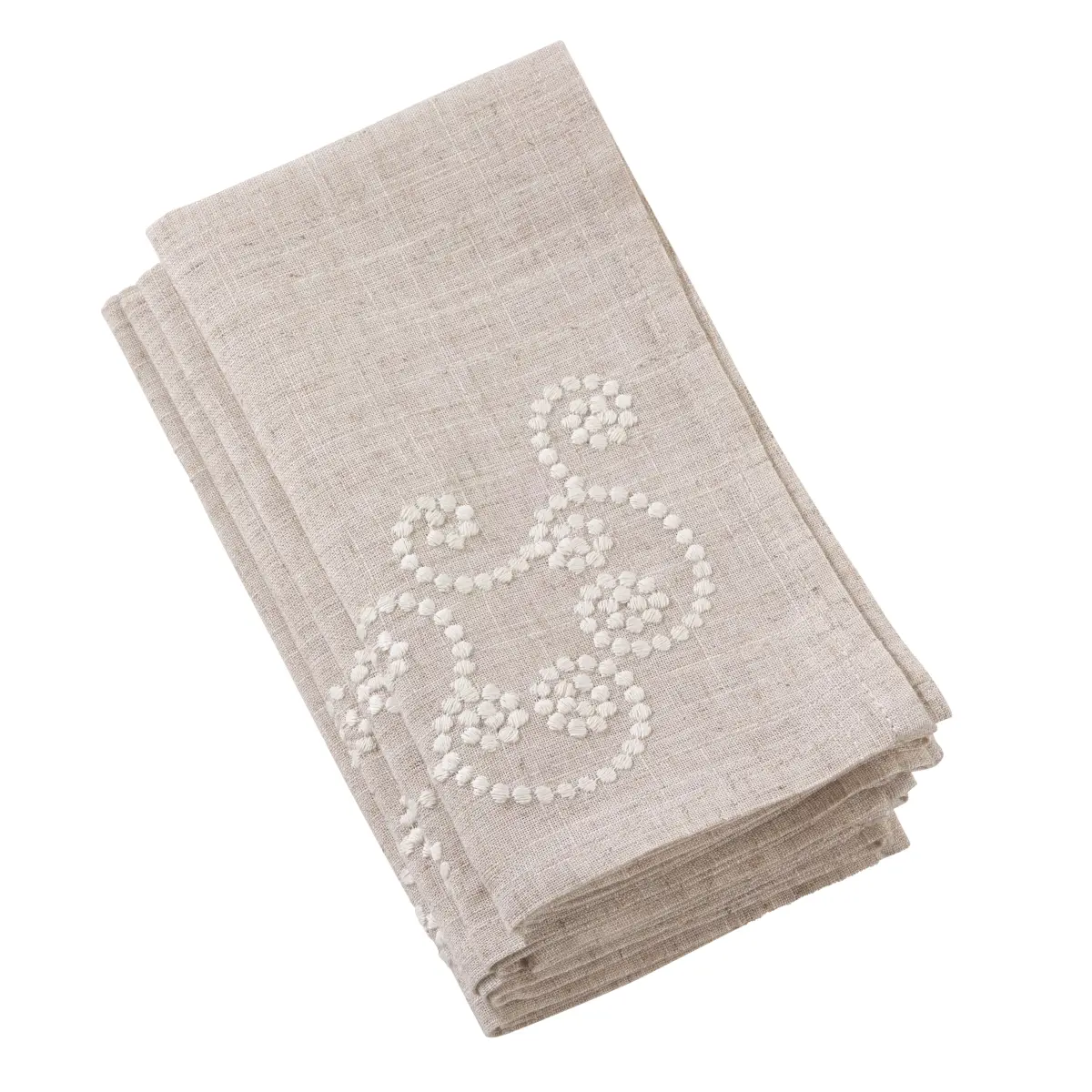 SARO Embroidered Swirl Design Tableware Napkins - Simple Natural Linen Blend, Set of 4, Natural Color