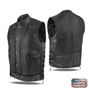 OBSIDIAN ARMOR, Men Genuine Bovine Leather Motorcycle Vest, 14 Pockets, Hidden Mesh panels, Waist Belt, Adjustable Sides 