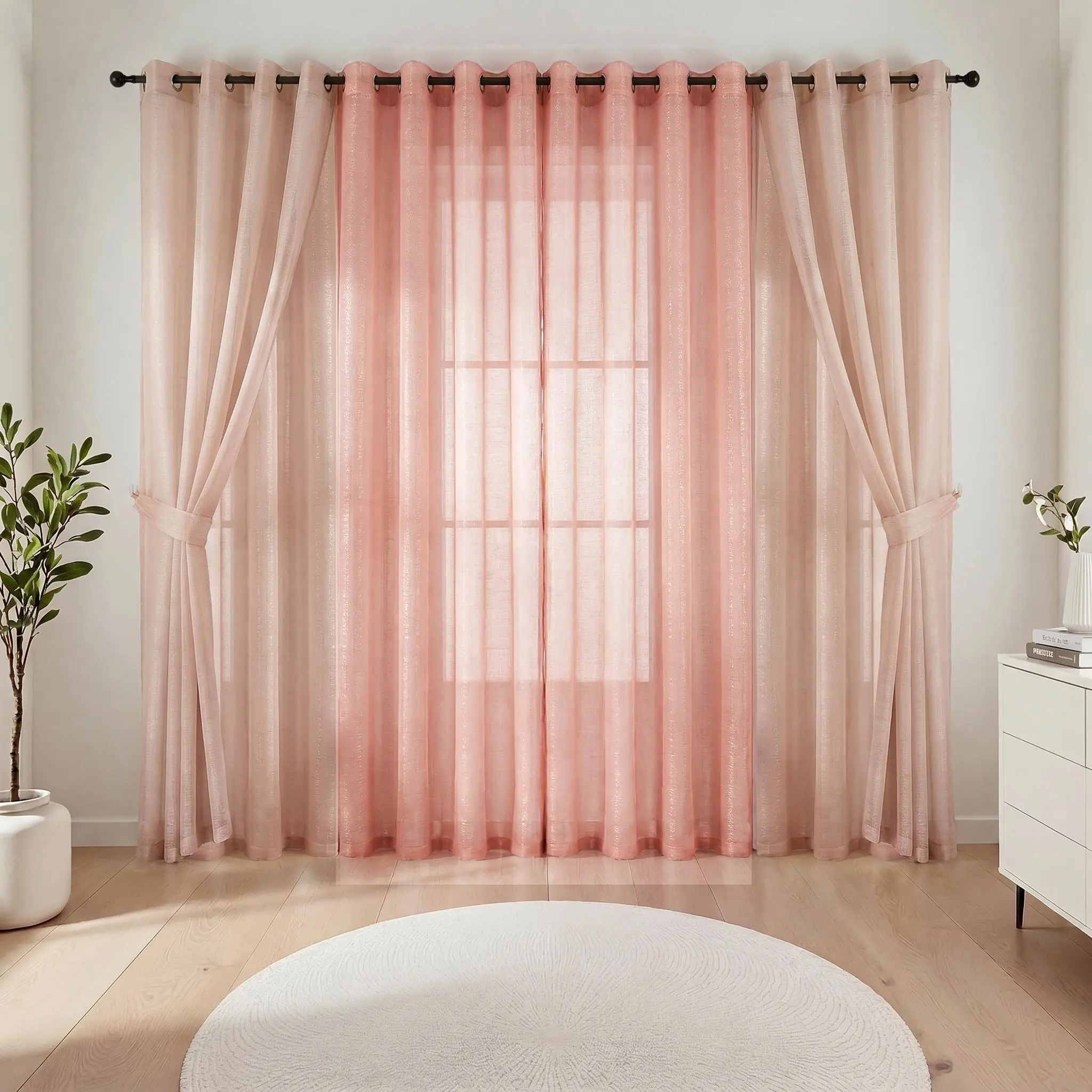 6 Pcs 52x90 inch Grommet Top Curtain Combo, 4 Dolly Sheer Curtains with Silver Thread Design & 2 Bamboo Gauze Yarn Curtains, Mixed Texture Window Drapes for Home Decor FT2520