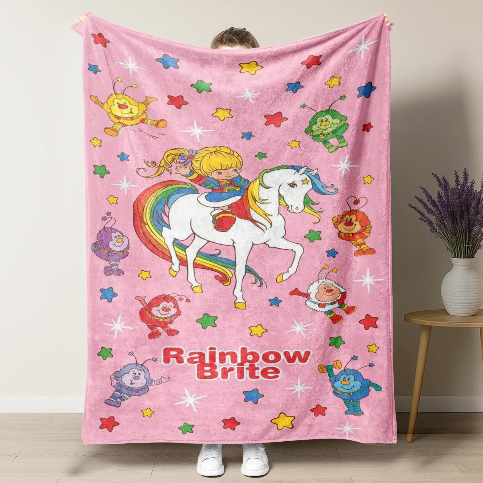 Cute Rainbow Brite Magical Starry Throw Blanket – Playful Pink Background with Starlite Pony & Sprites, Ultra Soft Fleece for Kids’ Bedrooms & Cozy Nights
