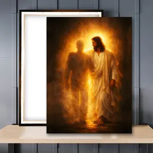 1pc Wooden Framed, Jesus Walking With You Art Canvas, Christian Wall Decor,  Faith Inspired Print Poster, Religious Home Picture, Jesus Companion Artwork, Ideal For Bathroom, Bedroom, Office, Living Room, Wall, Room, Home Decoration