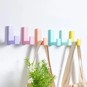 6 Pack Cute Kids Coat Wall Hooks Wooden Adhesive Decorative Colorful Wall Mounted Hangers Backpack Hooks for Hanging Keys Towel Clothes Bathroom Organization(Pastel)