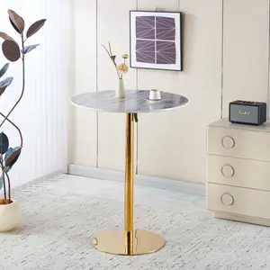 31.5 Inch Folding Golden White Tulip Bar Table, Mid-Century Round MDF Table Top Pedestal Bar Table, Stable Metal Legs Easy Assembly Space Saving Counter Height Table for 2-4 People Home Kitchen Dining Room