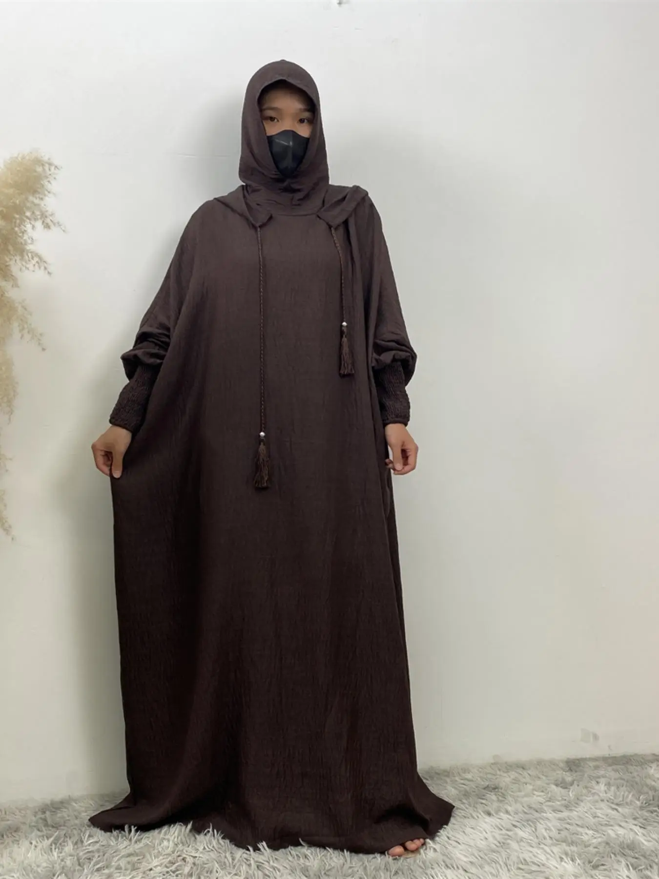 Women's Solid Color Batwing Sleeve Drawstring Hooded Dress, Casual Shirred Cuff Long Sleeve Hooded Dress for Spring & Fall, Women's Islamic Clothing f