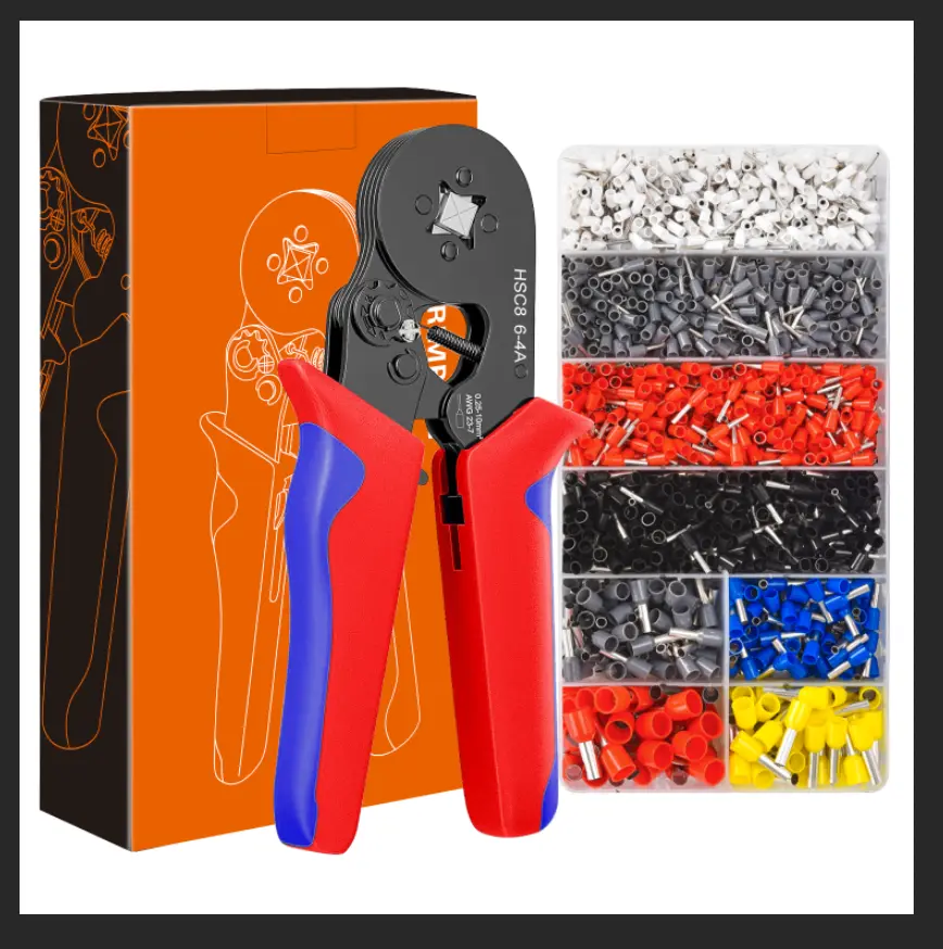 Ferrule Crimping Tool Kit HSC8 6-4A Self-Adjustable Racheting Crimping Plier AWG23-7 Wire Crimper Kit With 1800PCS Pin Terminal Connector Wire Ends Terminals