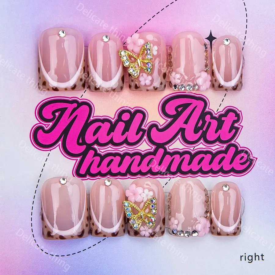 Delicatething  Y2K Style Duckbill Square Nail Tips, Handmade Wearable Nails, 4 Sizes XS S M L, Gold Butterfly Flower Leopard Design, Nail Art Design, Leopard Print, Nail Designs