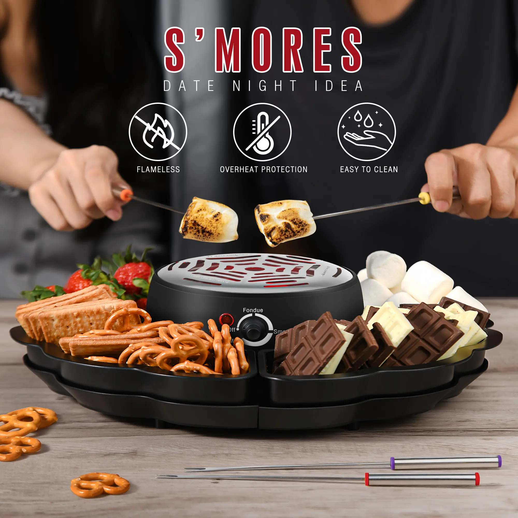 2 in 1 Electric S'mores Maker & Fondue Pot Tabletop Indoor Smores Kit with 4 Roasting Forks 4 Detachable Trays & 1 Flameless Temperature Controlled Heater for Movie Nights & Housewarming Gifts Portable machines drawer