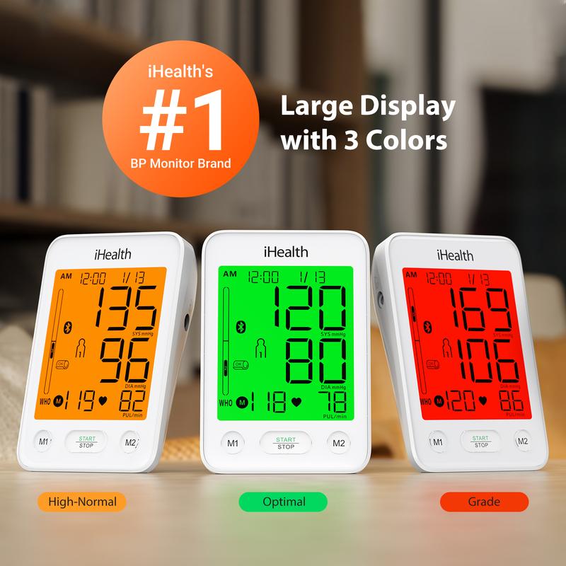 iHealth Bluetooth Blood Pressure Monitor with Large Cuff & Color-Coded Display, Dual Users 2*120 Readings, Automatica Upper Arm Blood Pressure Machine with Cloud Storage & Body Movement Detection, Portable Healthcare Kit