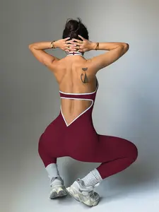 Women's U-Neck Sports Set, Backless Jumpsuit, Sporty Jumpsuit, Workout Jumpsuit, High Elasticity Quick-Dry Yoga Pants, Breathable Seamless Gym Training Clothes, Yoga Jumpsuits, Tight Yoga Jumpsuit