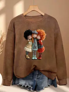 Cute Bestie Doll Fitted Sweater for Women, Womenswear Fall & Winter Round Neck Long Sleeve Faux Fur Top, Cartoon Print, Soft and Cuddly Design, Casual Daily Wear