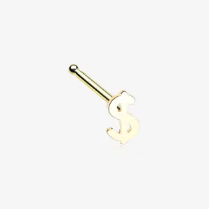 Golden Dollar Money Sign Nose Stud Ring 316L Stainless Steel Gold Plated 20GA 0.8mm Nostril Piercing Jewelry