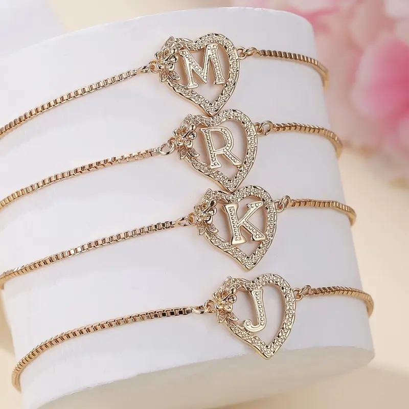 Women's Elegant Heart Design Initial Letter Charm Bracelet, Heart Shaped Bracelet, Exquisite Trendy Bracelet, Letter Link Bracelet for Women & Girls As Gift, Elegant Jewelry Bracelet