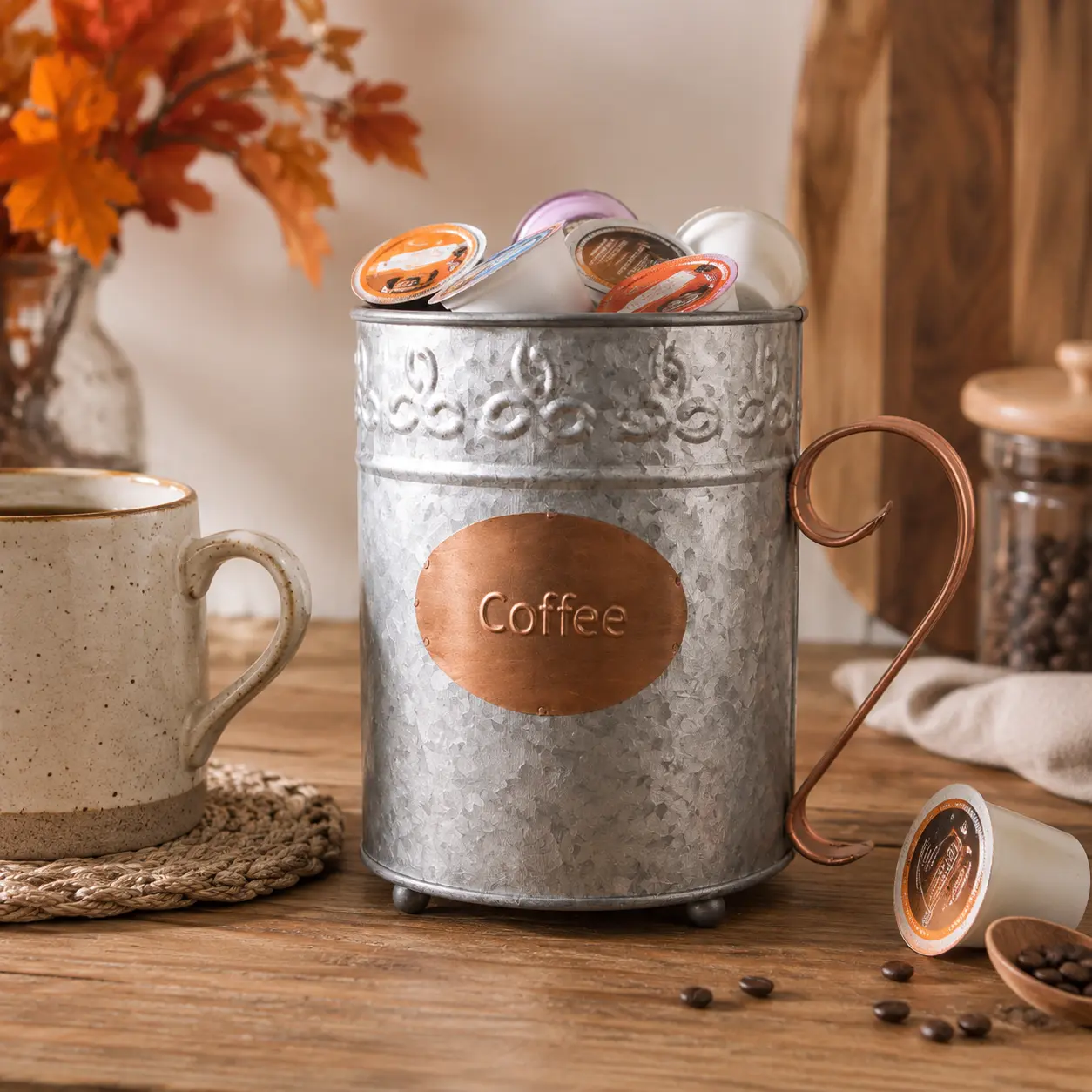Autumn Alley Farmhouse Coffee Pod Holder Organizer, Galvanized Rustic Coffee Bar Basket with Vintage Copper Label & Handle for K Cups, Creamers, Tea Bags, Sugar Packets & Countertop Storage