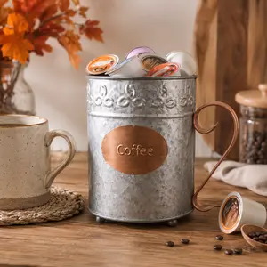 Autumn Alley Farmhouse Coffee Pod Holder Organizer, Galvanized Rustic Coffee Bar Basket with Vintage Copper Label & Handle for K Cups, Creamers, Tea Bags, Sugar Packets & Countertop Storage