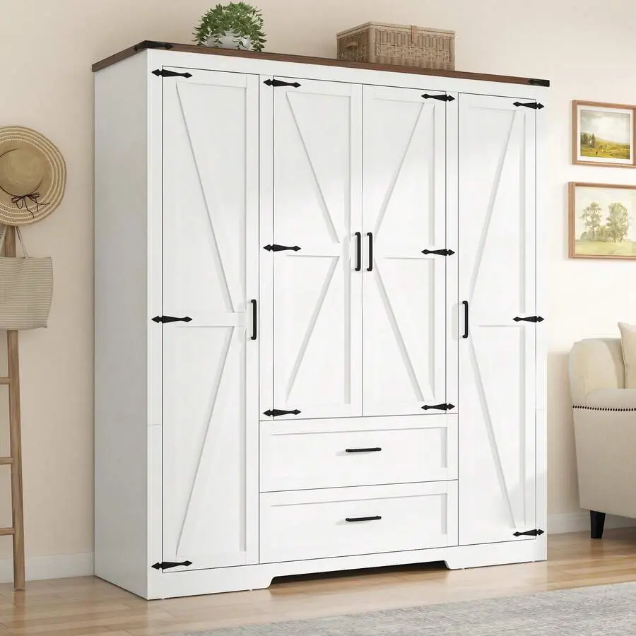 Farmhouse Wooden Armoire Wardrobe Closet System - 70.1" Freestanding Above-Ground Unit with 4 Doors, 2 Drawers, Hanging Rod, Nailhead Decoration, Mirrored Handles, Drawer Organizer for Bedroom Organization