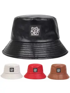 Unisex PU Leather Bucket Hat, Asymmetrical Design, Casual Fitted Sun Protection Cap, Suitable for Spring & Fall, Outdoor Travel Beach Vacation
