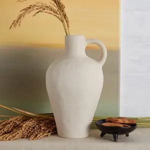 10" Matte Antique White Ceramic Vase with Handle - Retro Oval Decorative Stoneware Jug for Home Decor, Entryway & Kitchen Centerpiece, Rustic Farmhouse Pottery Gift