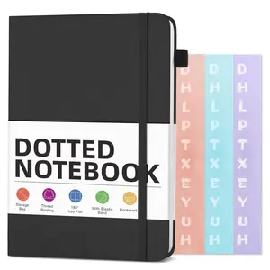 A5 Dotted Journal Bullet Notebooks, 5.7 x 8.3 inches Hardcover Leather Notebook with Pen Loop, 100Gsm Premium Thick Paper with Inner Pocket, Stickers, Black, Gift