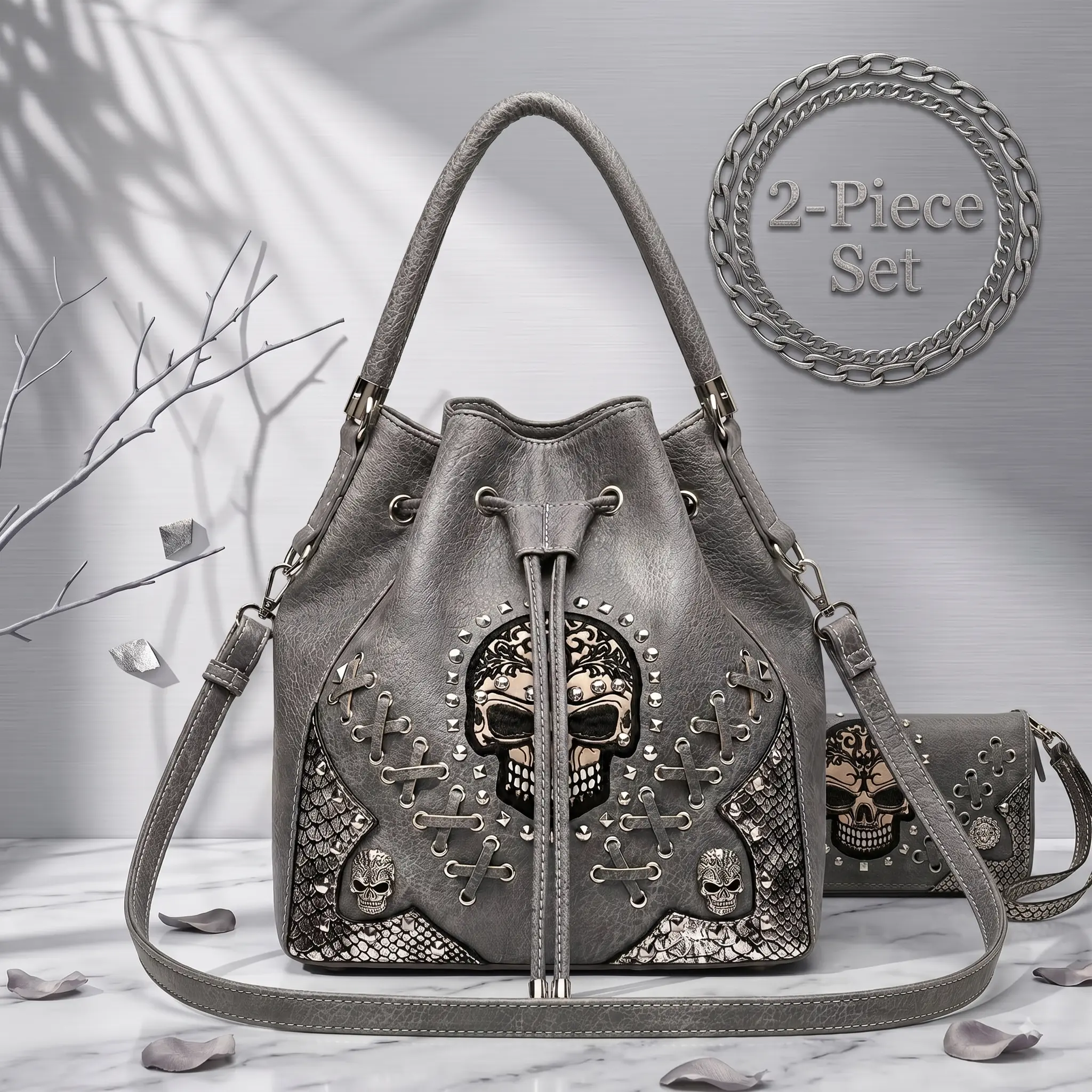 WESTERN SPIRIT Western Skull Bucket Bag & Wallet 2-Piece Set, Gothic Biker Drawstring Crossbody Purse for Women, Edgy Studded Shoulder Bag with Embroidery & Lace-up Corset Design, Spacious Everyday Handbag, Stand Out Everyday Style