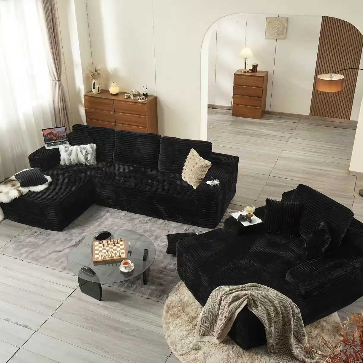 【Ships in 2 Packages】5-Seater L-Shaped Modular Sectional Sofa with 96in Main Sofa and 47in Boneless Chaise Lounge, Flexible Configuration, Plush Corduroy Cloud-Velvet Fabric, No Assembly Required