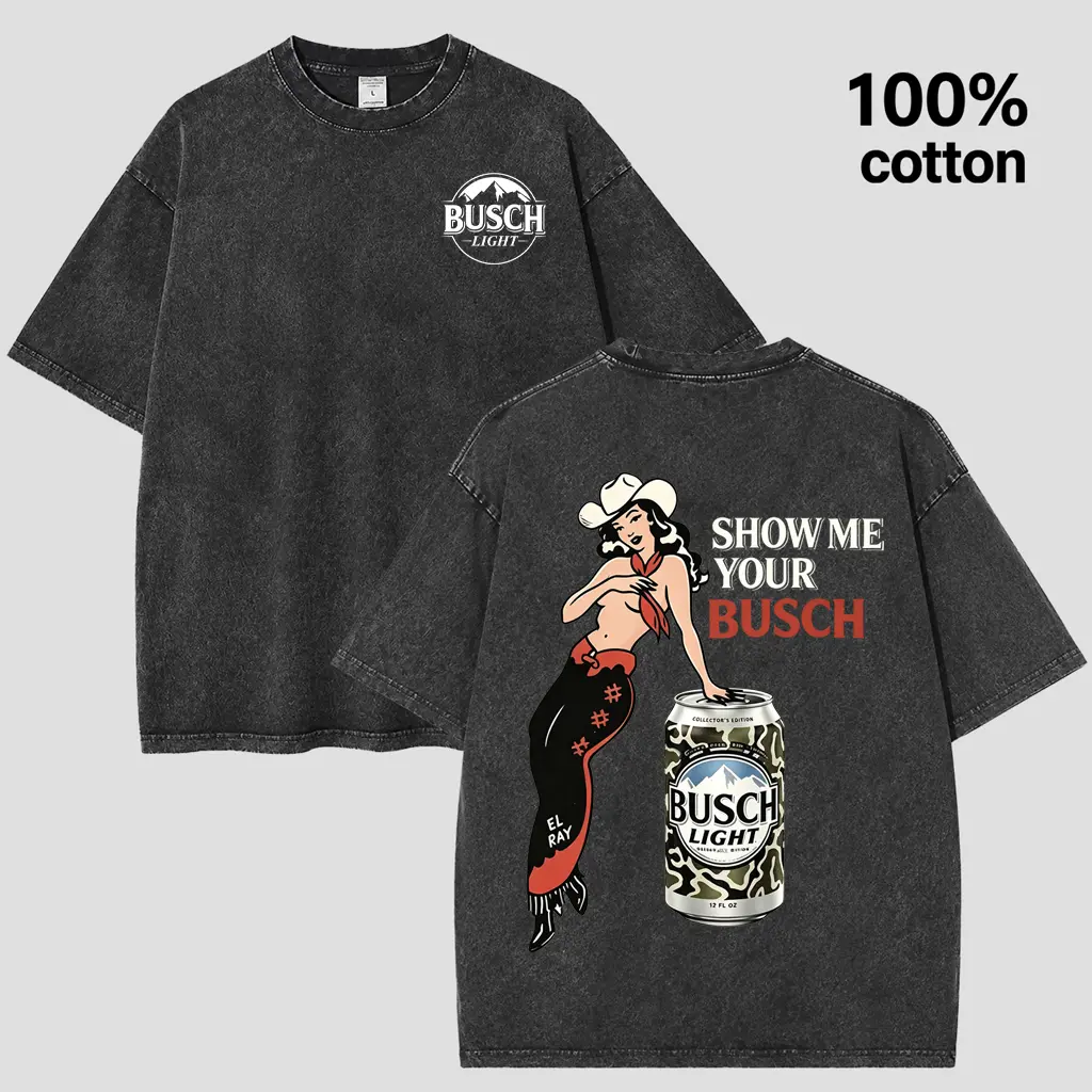 Vintage Wash Oversized T-Shirt for Men - Retro Pin-up Cowgirl and Camouflage Beer Can Graphic Tee - Heavyweight Cotton