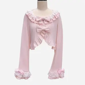 Japanese Sweet Ruffle Lace Bow Sweater Coat Women Kawaii Lolita Style Knited Cardigan Autumn Winter Cute Slim Short Tops New