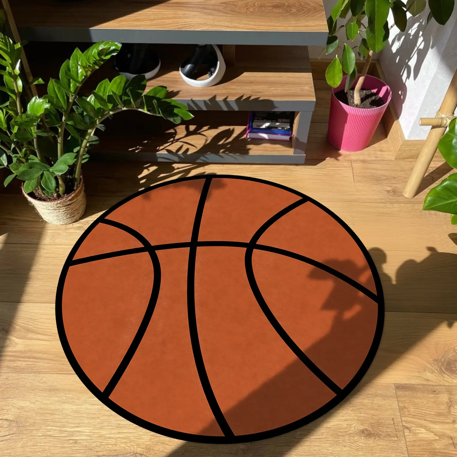 Creative Basketball Carpet Round Cartoon Pattern Textured Rug, Circular Floor Mat for Bedroom Living Room Home Decor Chair Pad Indoor Area Rug Floor Mat Polyester Fiber Rug